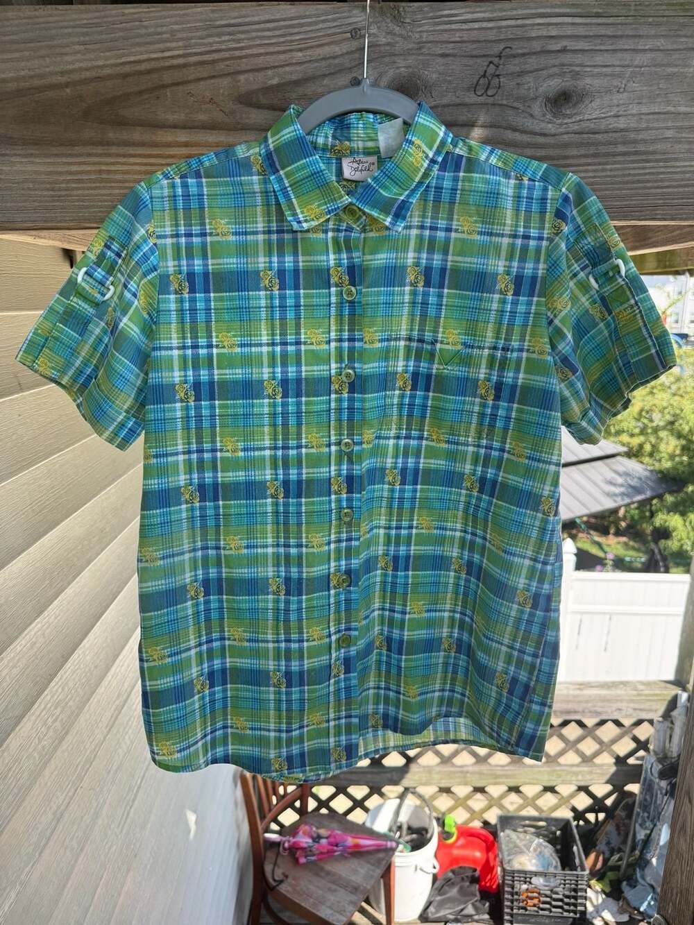 Adrian Delafield Blue Green Plaid Short Sleeve Button Up